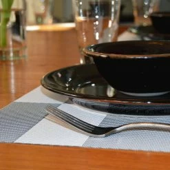 EveryTable 18 in. x 12 in. Black & White Twill PVC Placemat (Set of 6) by Kraftware -Kraftware Sales Store blacks kraftware placemats 43047 4f 1000