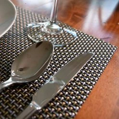 EveryTable 18 in. x 12 in. Transparent Hickory Black, White, Gold Woven PVC Placemat (Set of 6) by Kraftware -Kraftware Sales Store blacks kraftware placemats 43647 4f 1000