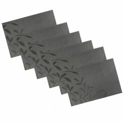 EveryTable 18 in. x 12 in. Leaves on Black Jacquard PVC Placemat (Set of 6) by Kraftware