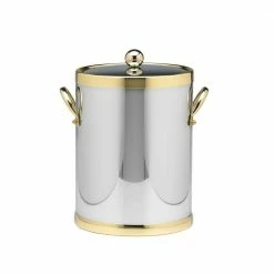 Americano 5 Qt. Polished Chrome & Brass Ice Bucket with Brass Lid, Metal Side Handles by Kraftware