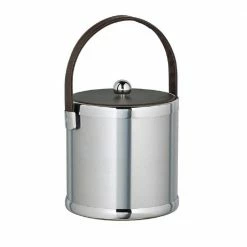 Americano 3 Qt. Brushed Chrome Ice Bucket with Brown Leatherette Lid and Handle by Kraftware