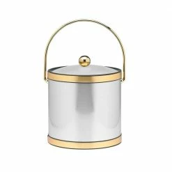 3 Qt. Brushed Chrome and Brass Mylar Ice Bucket with Bale Handle, Lucite Cover and Round Knob by Kraftware