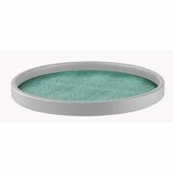 14 in. W x 1.5 in. H x 14 in. D Round Exotic Peacock Vinyl Serving Tray by Kraftware