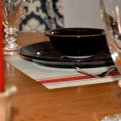 EveryTable 18 in. x 12 in. Red Ticking Stripe PVC Placemat (Set of 6) by Kraftware -Kraftware Sales Store reds pinks kraftware placemats 45347 4f 1000