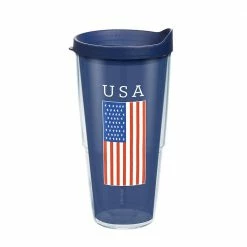 USA Flag 24 oz. Clear Plastic Travel Mugs Double Walled Insulated Plastic Travel Mugs Tumbler with Travel Lid by Tervis