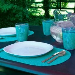 Fishnet 17 in. x 12 in. Teal PVC Covered Jute Oval Placemat (Set of 6) by Kraftware -Kraftware Sales Store turquoises aquas kraftware placemats 32046 31 1000