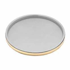 Sophisticates 14 in. White Vinyl and Polished Brass Round Serving Tray (Case of 12) by Kraftware